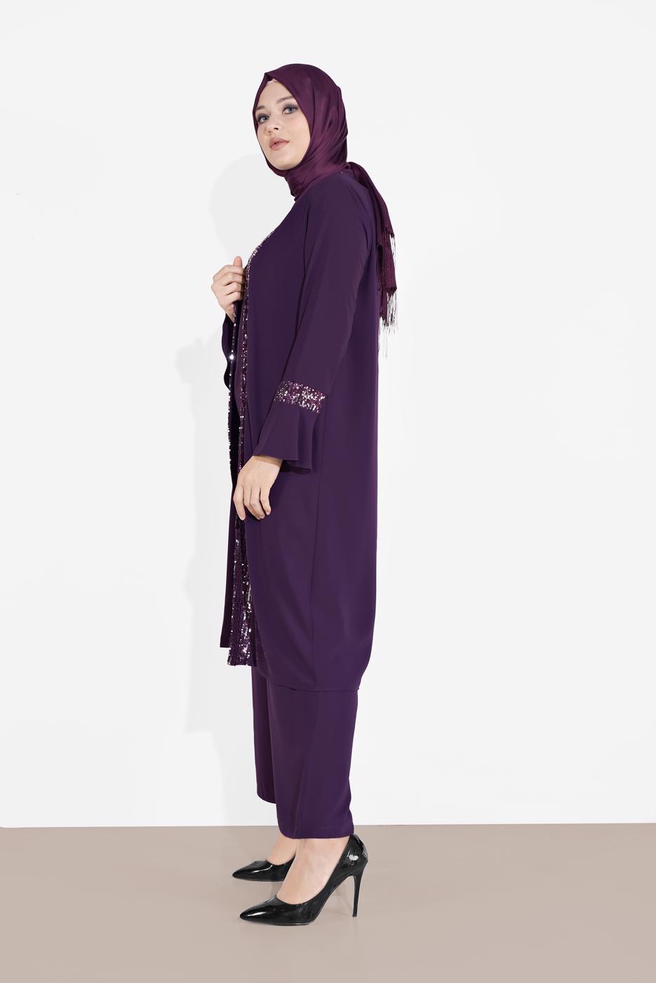 Tesettür giyim MOR ALVİNA PUL PAYET 3′LÜ PANTOLONLU TAKIM  3546 