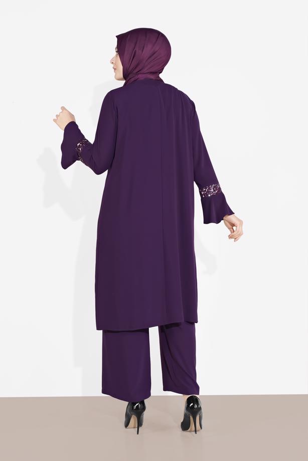 Tesettür giyim MOR ALVİNA PUL PAYET 3′LÜ PANTOLONLU TAKIM  3546  - TRENDTESETTÜR