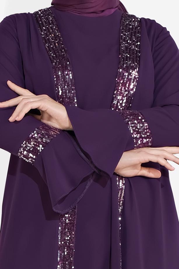 Tesettür giyim MOR ALVİNA PUL PAYET 3′LÜ PANTOLONLU TAKIM  3546  - TRENDTESETTÜR