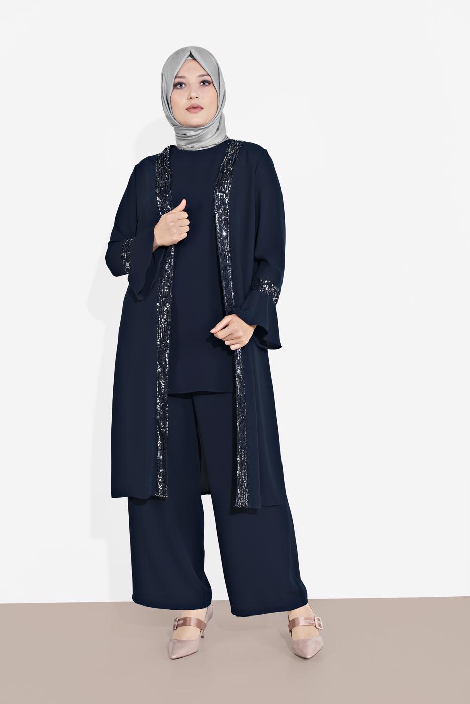 Tesettür giyim LACİVERT ALVİNA PUL PAYET 3′LÜ PANTOLONLU TAKIM  3546 