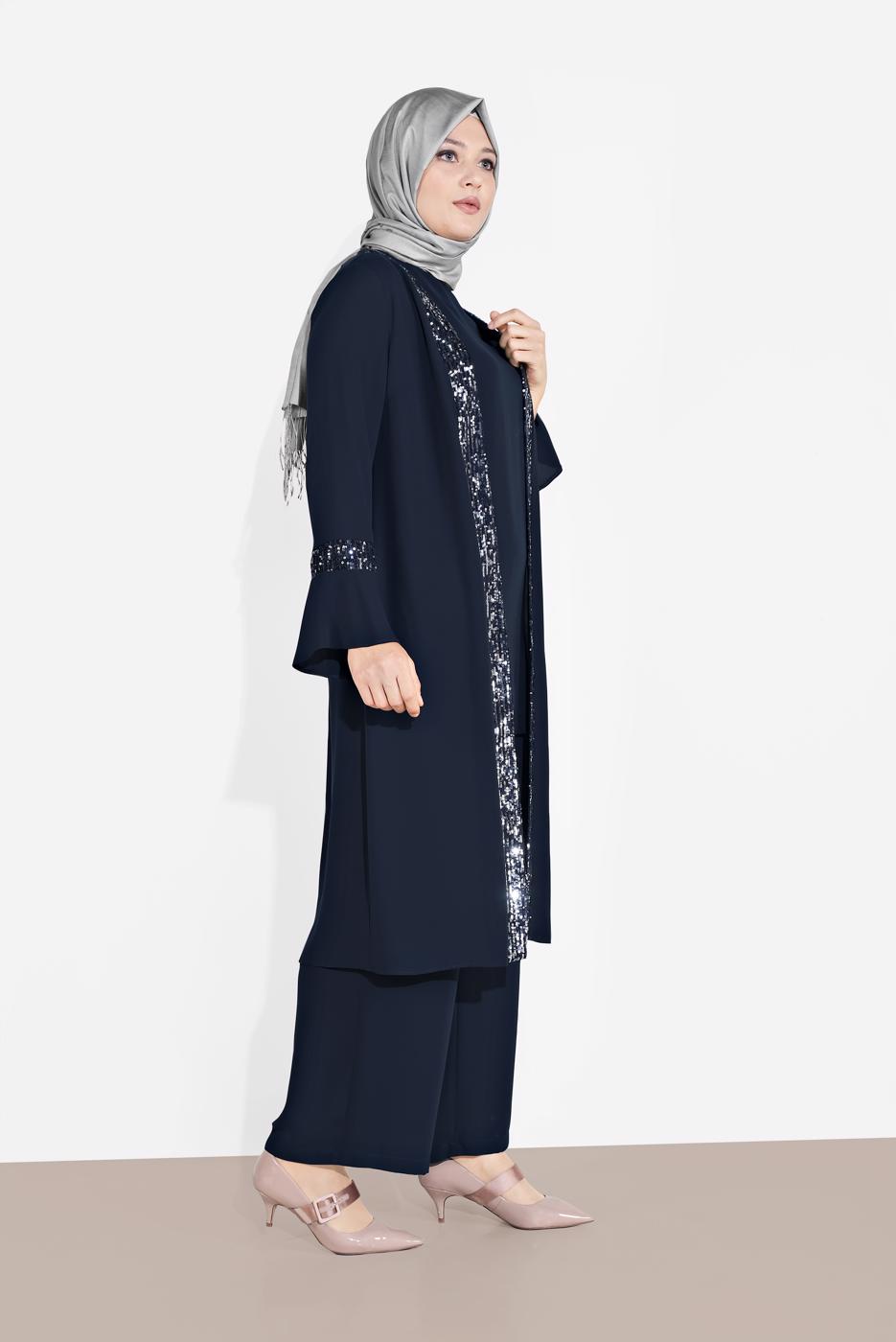 Tesettür giyim LACİVERT ALVİNA PUL PAYET 3′LÜ PANTOLONLU TAKIM  3546 