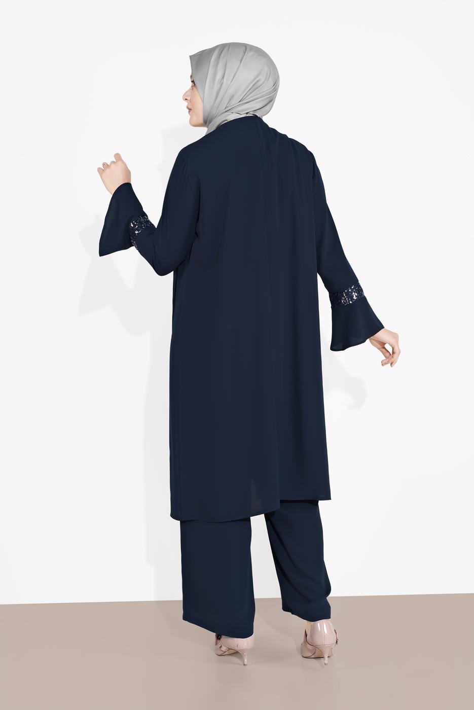 Tesettür giyim LACİVERT ALVİNA PUL PAYET 3′LÜ PANTOLONLU TAKIM  3546 