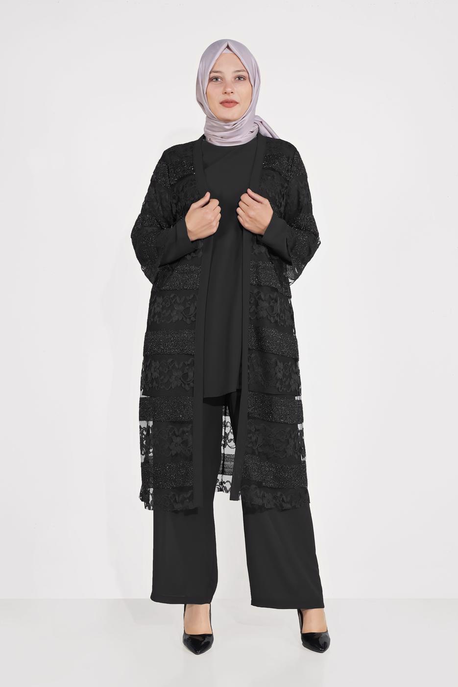 Vêtements hijab NOIR T 3547 ALVİNA DANTEL 1221 3′LÜ PANT.TAKIM