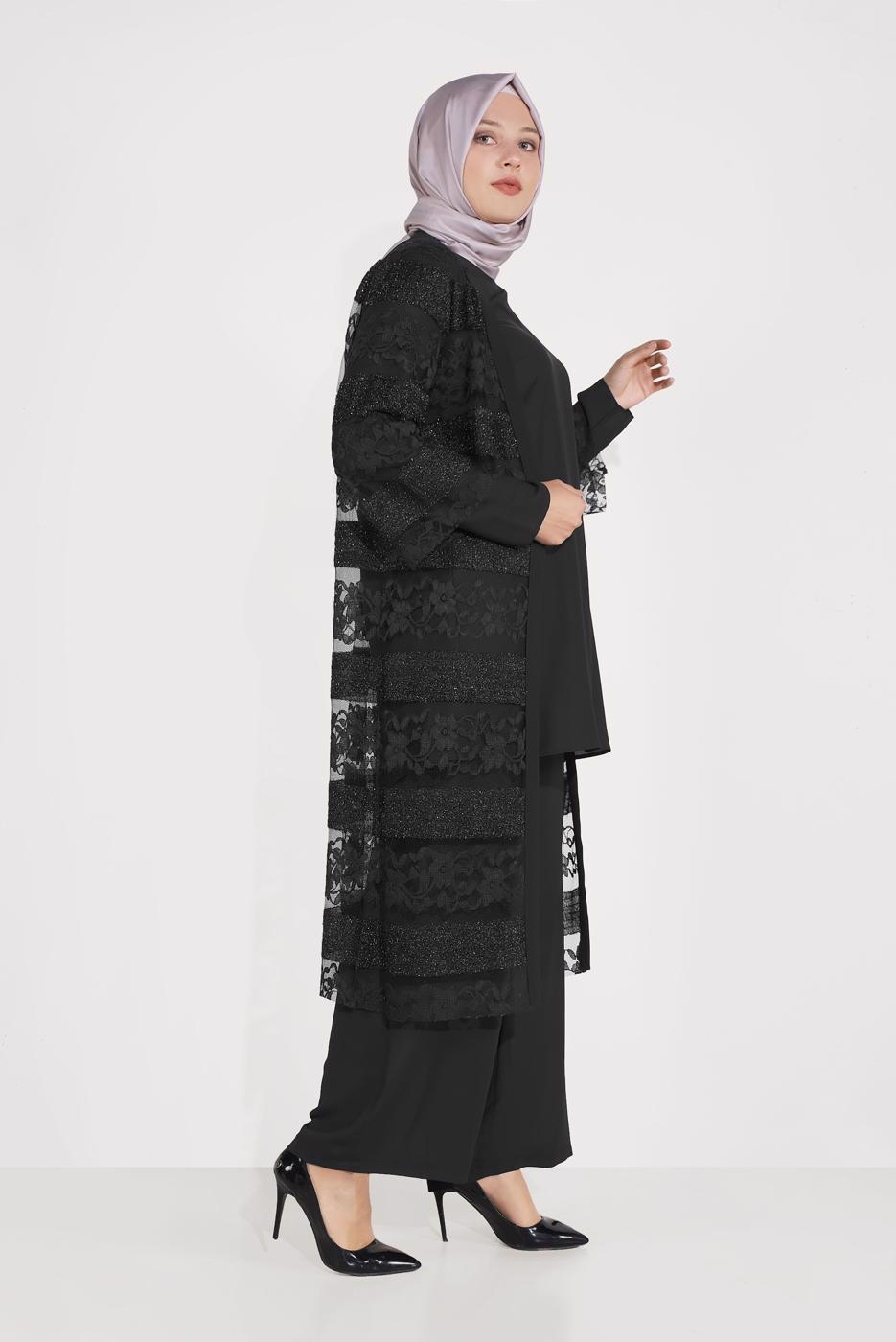 Vêtements hijab NOIR T 3547 ALVİNA DANTEL 1221 3′LÜ PANT.TAKIM