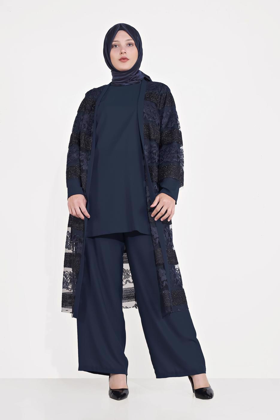 Vêtements hijab BLEU MARINE T 3547 ALVİNA DANTEL 1221 3′LÜ PANT.TAKIM