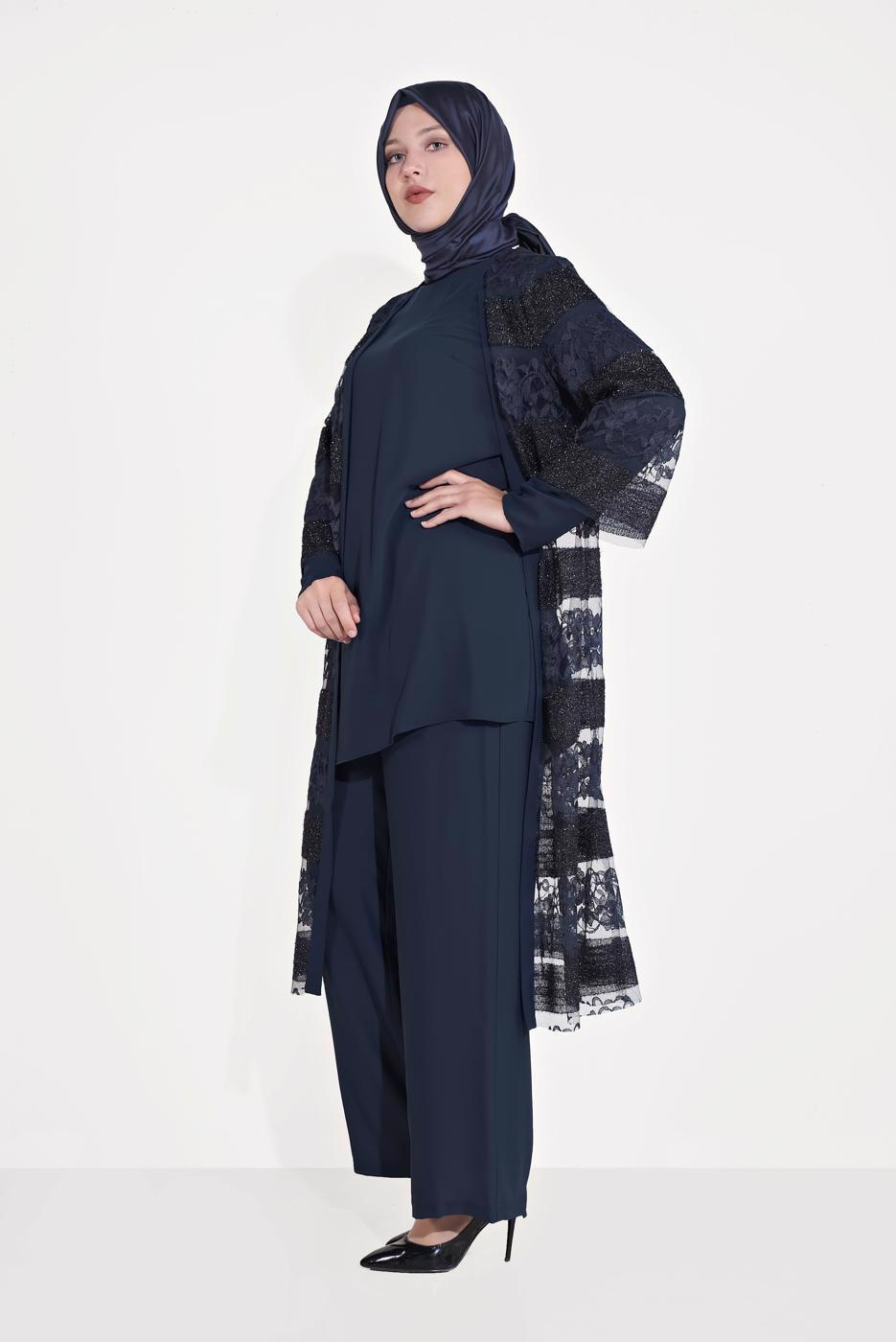 Vêtements hijab BLEU MARINE T 3547 ALVİNA DANTEL 1221 3′LÜ PANT.TAKIM