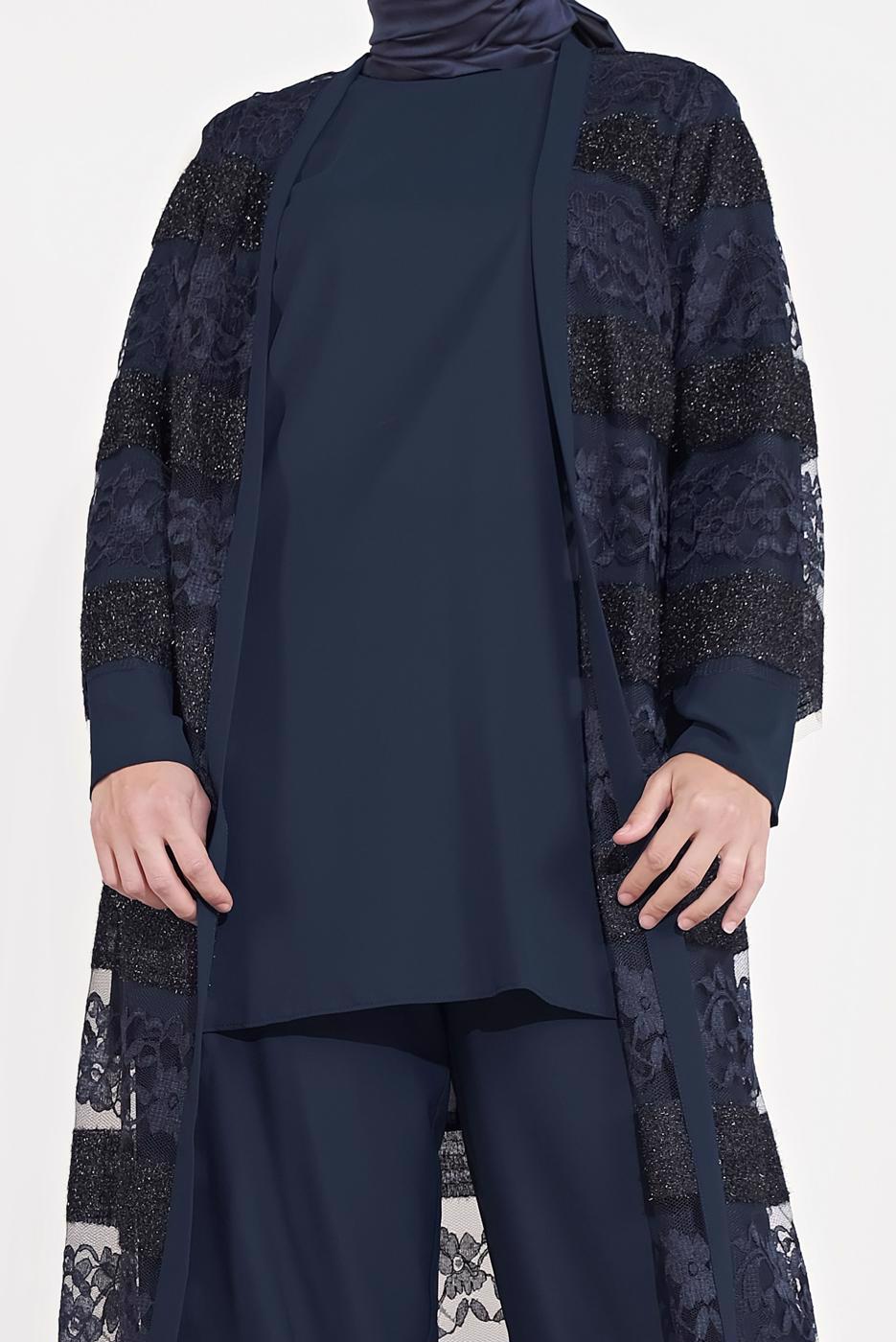 Vêtements hijab BLEU MARINE T 3547 ALVİNA DANTEL 1221 3′LÜ PANT.TAKIM