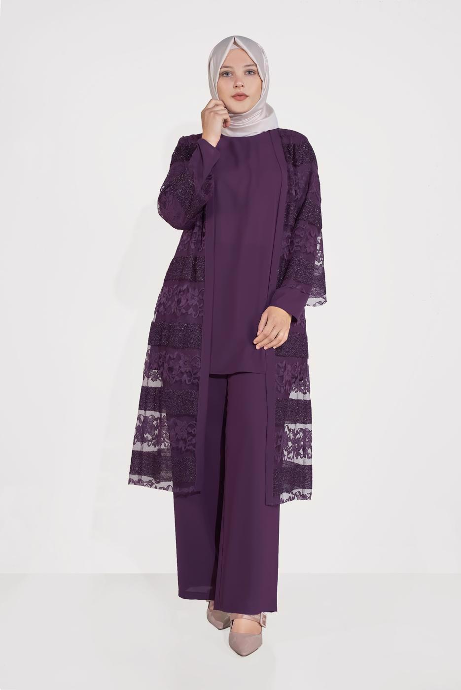 Vêtements hijab PRUNE T 3547 ALVİNA DANTEL 1221 3′LÜ PANT.TAKIM