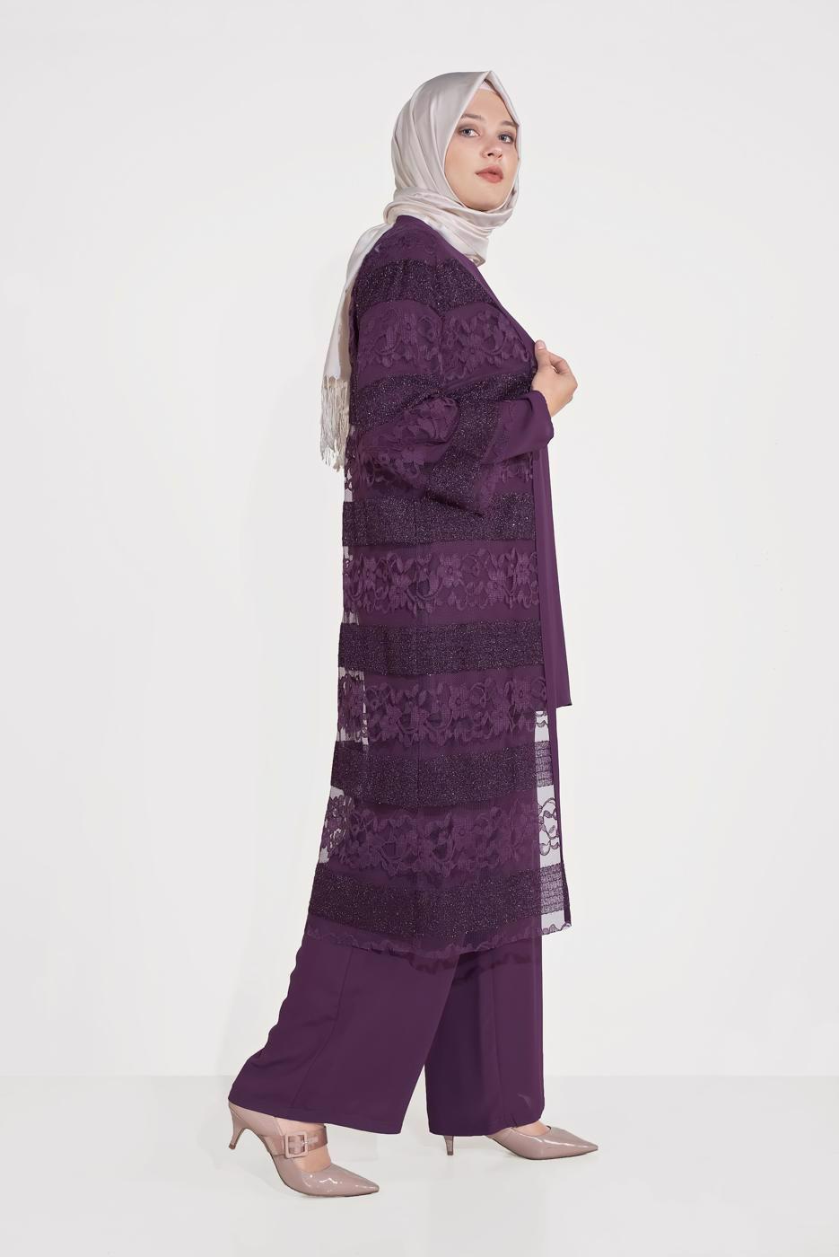 Vêtements hijab PRUNE T 3547 ALVİNA DANTEL 1221 3′LÜ PANT.TAKIM