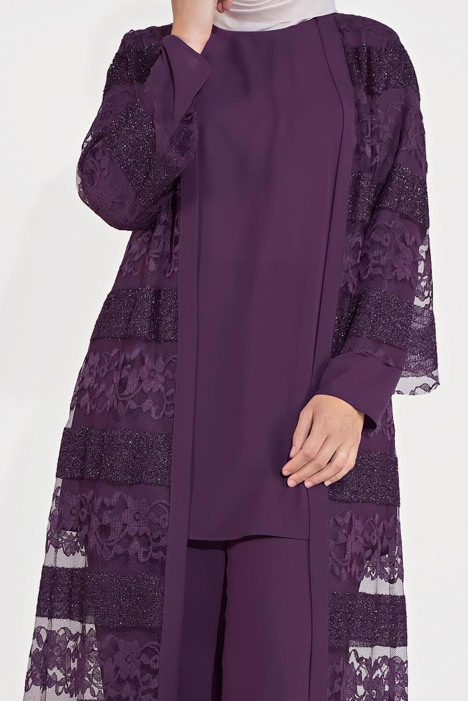 Vêtements hijab PRUNE T 3547 ALVİNA DANTEL 1221 3′LÜ PANT.TAKIM