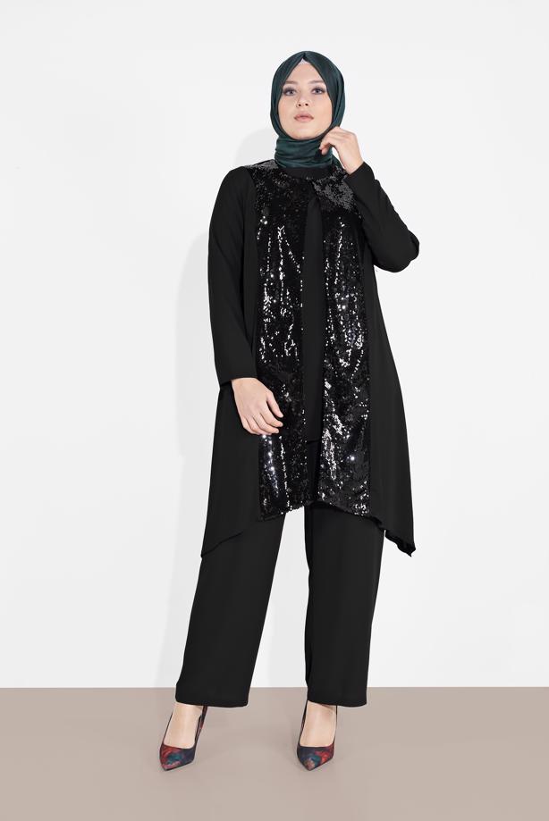 Tesettür giyim SİYAH PUL PAYET DETAYLI 3′LÜ PANTOLONLU TAKIM 3549 - TRENDTESETTÜR