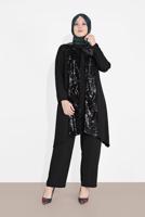 Tesettür giyim SİYAH PUL PAYET DETAYLI 3′LÜ PANTOLONLU TAKIM 3549