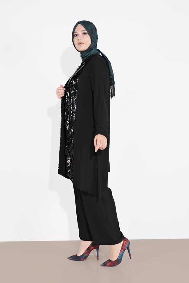 Tesettür giyim SİYAH PUL PAYET DETAYLI 3′LÜ PANTOLONLU TAKIM 3549 - TRENDTESETTÜR