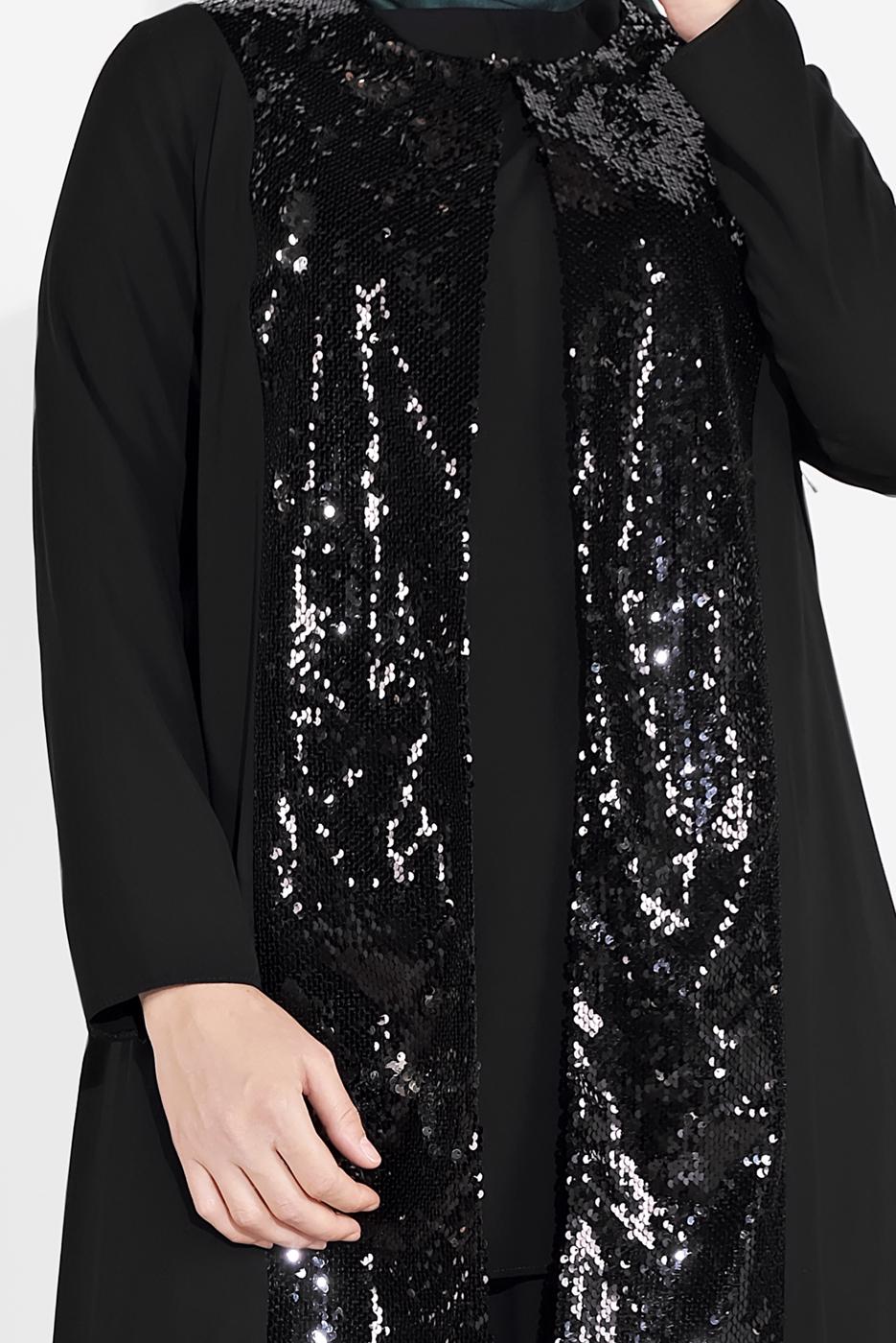 Tesettür giyim SİYAH PUL PAYET DETAYLI 3′LÜ PANTOLONLU TAKIM 3549