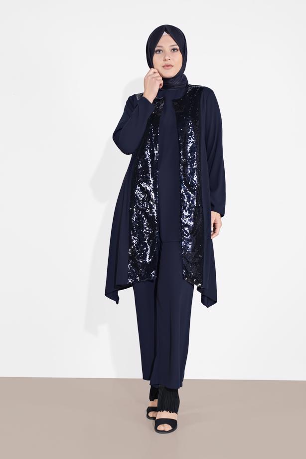 Tesettür giyim LACİVERT PUL PAYET DETAYLI 3′LÜ PANTOLONLU TAKIM 3549 - TRENDTESETTÜR