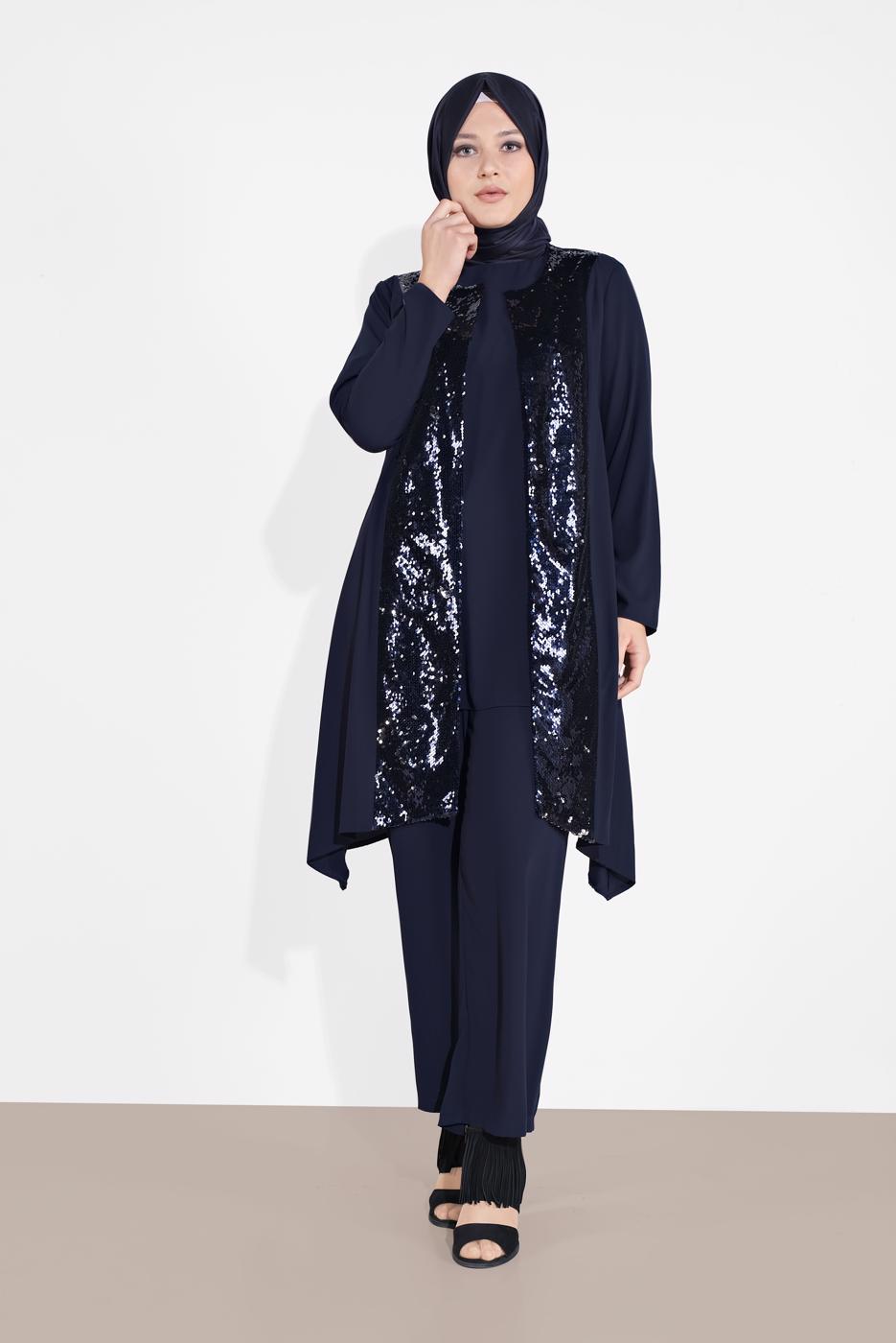 Tesettür giyim LACİVERT PUL PAYET DETAYLI 3′LÜ PANTOLONLU TAKIM 3549