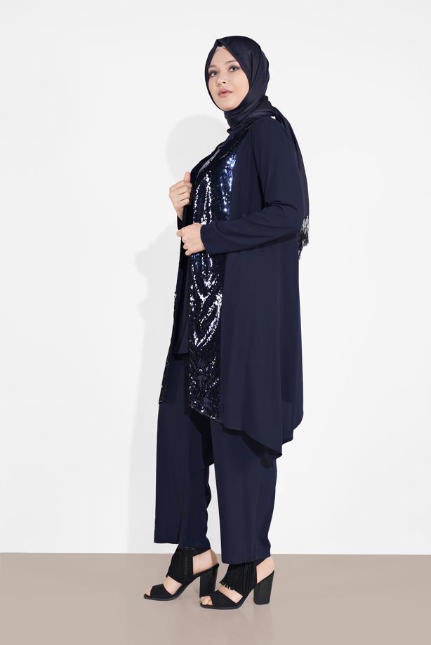 Tesettür giyim LACİVERT PUL PAYET DETAYLI 3′LÜ PANTOLONLU TAKIM 3549 - TRENDTESETTÜR