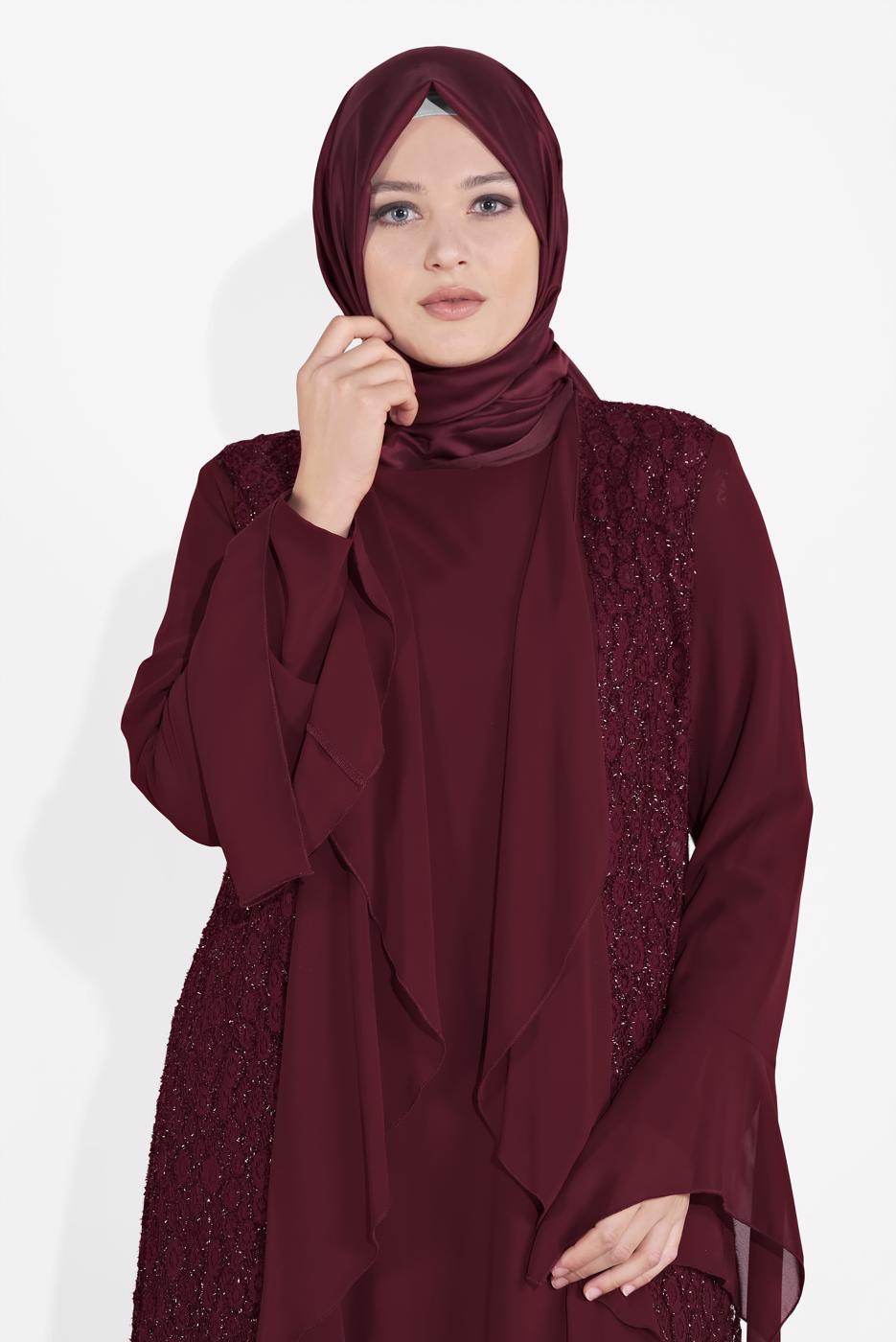 Vêtements hijab ROUGE BORDEAUX ENSEMBLE DE ROBE EN DENTELLE 2 PIÈCES 3567 