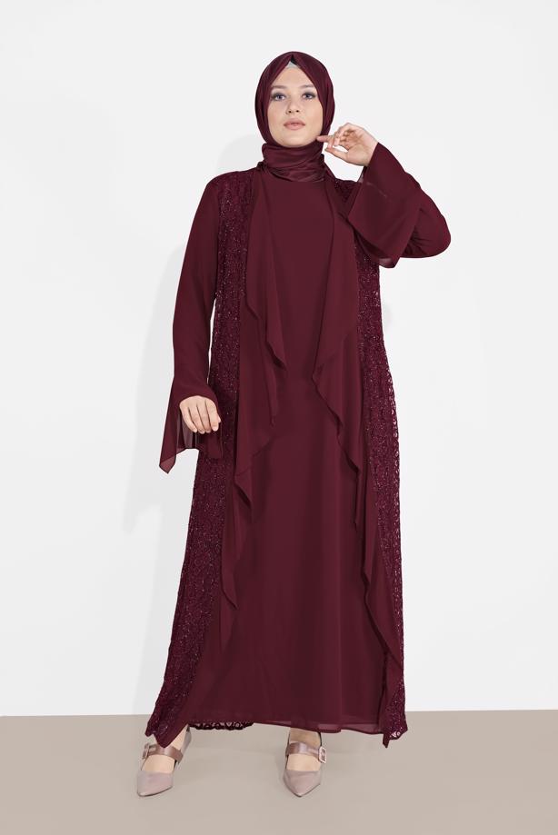 Vêtements hijab ROUGE BORDEAUX ENSEMBLE DE ROBE EN DENTELLE 2 PIÈCES 3567  - TRENDTESETTÜR