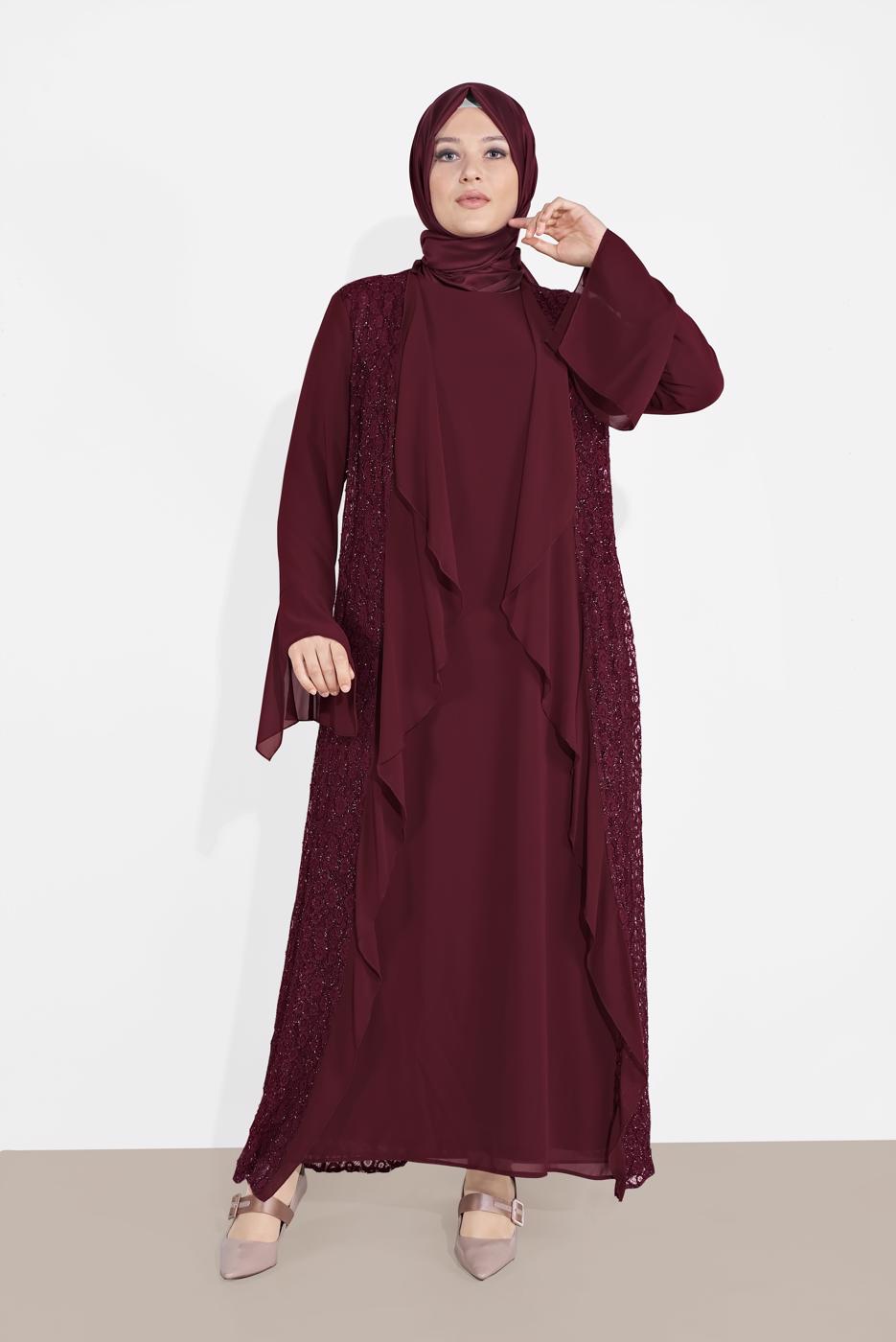 Vêtements hijab ROUGE BORDEAUX ENSEMBLE DE ROBE EN DENTELLE 2 PIÈCES 3567 