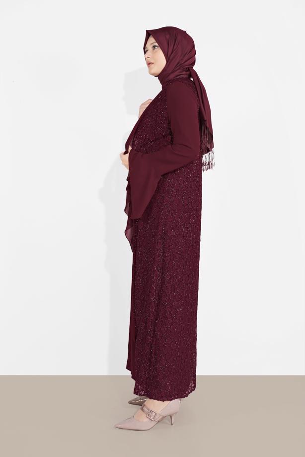 Vêtements hijab ROUGE BORDEAUX ENSEMBLE DE ROBE EN DENTELLE 2 PIÈCES 3567  - TRENDTESETTÜR