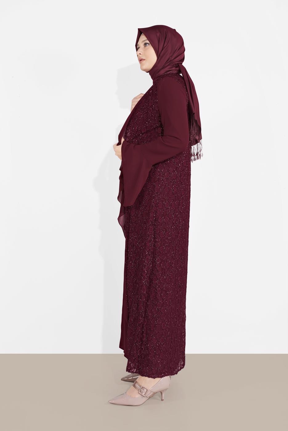Vêtements hijab ROUGE BORDEAUX ENSEMBLE DE ROBE EN DENTELLE 2 PIÈCES 3567 