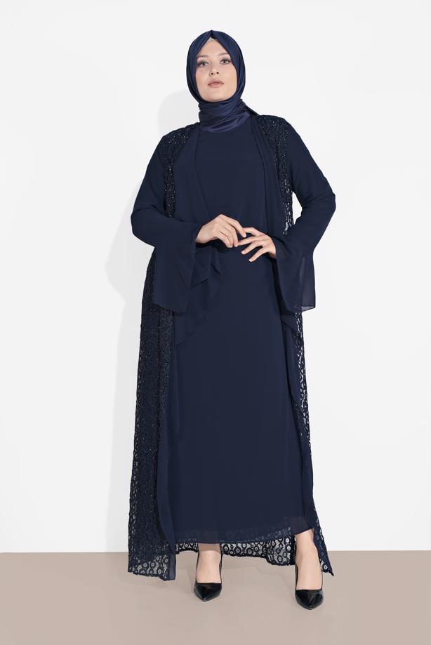 Vêtements hijab BLEU MARINE ENSEMBLE DE ROBE EN DENTELLE 2 PIÈCES 3567  - TRENDTESETTÜR