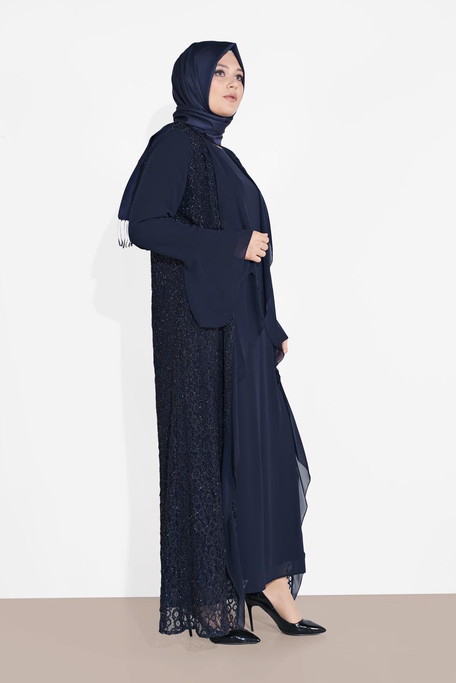 Vêtements hijab BLEU MARINE ENSEMBLE DE ROBE EN DENTELLE 2 PIÈCES 3567 