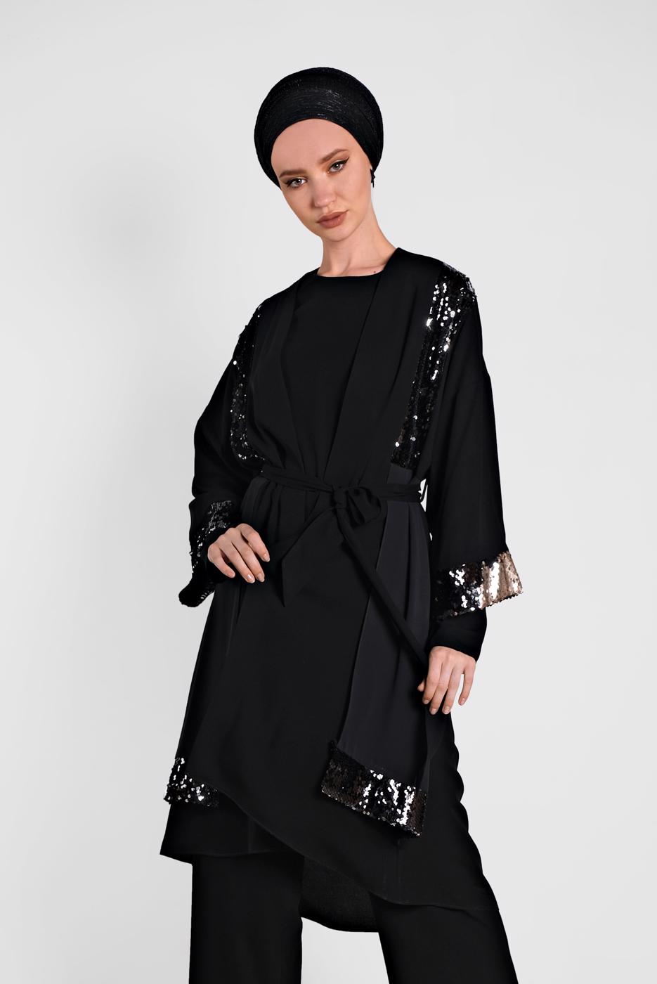Tesettür giyim SİYAH ALVİNA PULLU PAYETLİ KUŞAKLI 3&prime;LÜ PANTOLONLU TAKIM 3570 