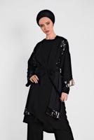 Tesettür giyim SİYAH ALVİNA PULLU PAYETLİ KUŞAKLI 3&prime;LÜ PANTOLONLU TAKIM 3570 