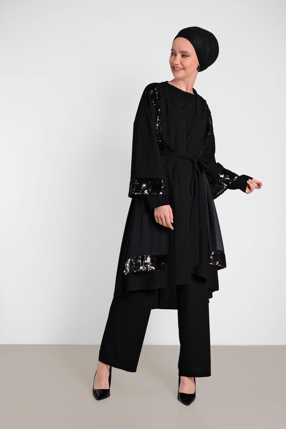 Tesettür giyim SİYAH ALVİNA PULLU PAYETLİ KUŞAKLI 3&prime;LÜ PANTOLONLU TAKIM 3570 