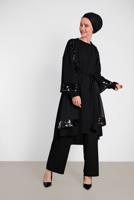 Tesettür giyim SİYAH ALVİNA PULLU PAYETLİ KUŞAKLI 3&prime;LÜ PANTOLONLU TAKIM 3570 