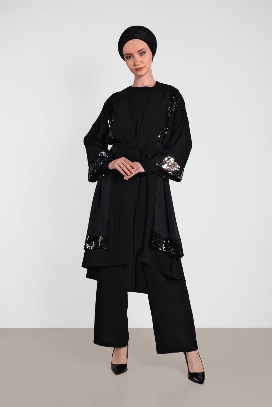 Tesettür giyim SİYAH ALVİNA PULLU PAYETLİ KUŞAKLI 3&prime;LÜ PANTOLONLU TAKIM 3570 