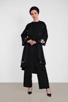 Tesettür giyim SİYAH ALVİNA PULLU PAYETLİ KUŞAKLI 3&prime;LÜ PANTOLONLU TAKIM 3570 