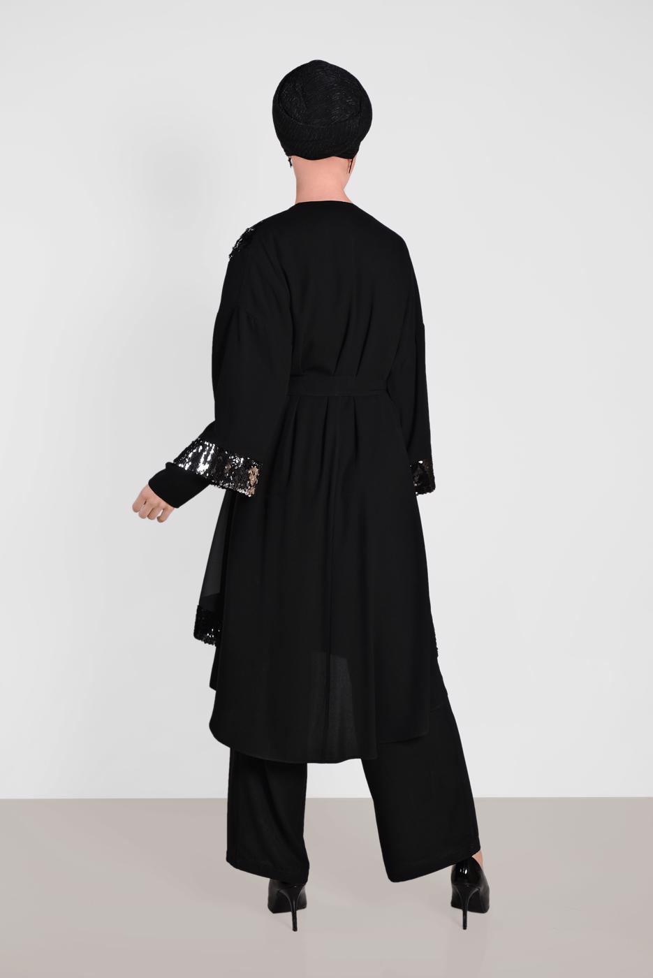 Tesettür giyim SİYAH ALVİNA PULLU PAYETLİ KUŞAKLI 3&prime;LÜ PANTOLONLU TAKIM 3570 