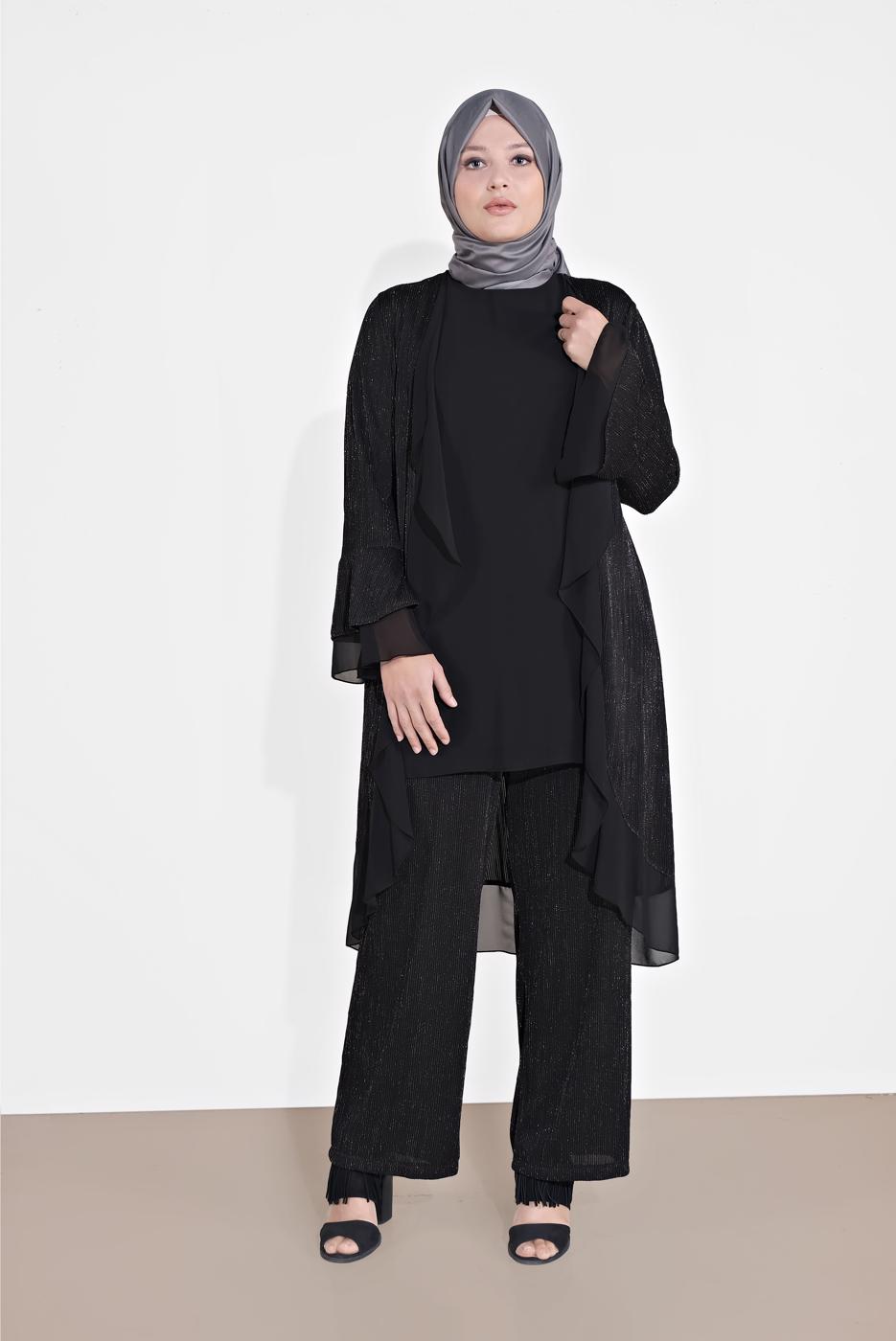 Vêtements hijab NOIR COSTUME EN BRILLANT À CÔTELÉ 3573