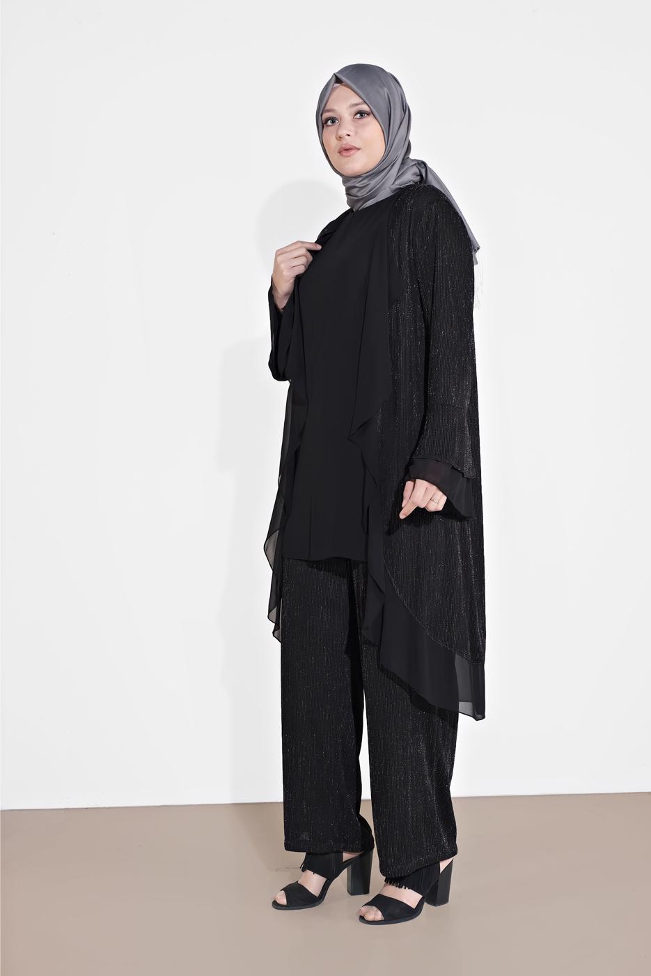 Vêtements hijab NOIR COSTUME EN BRILLANT À CÔTELÉ 3573
