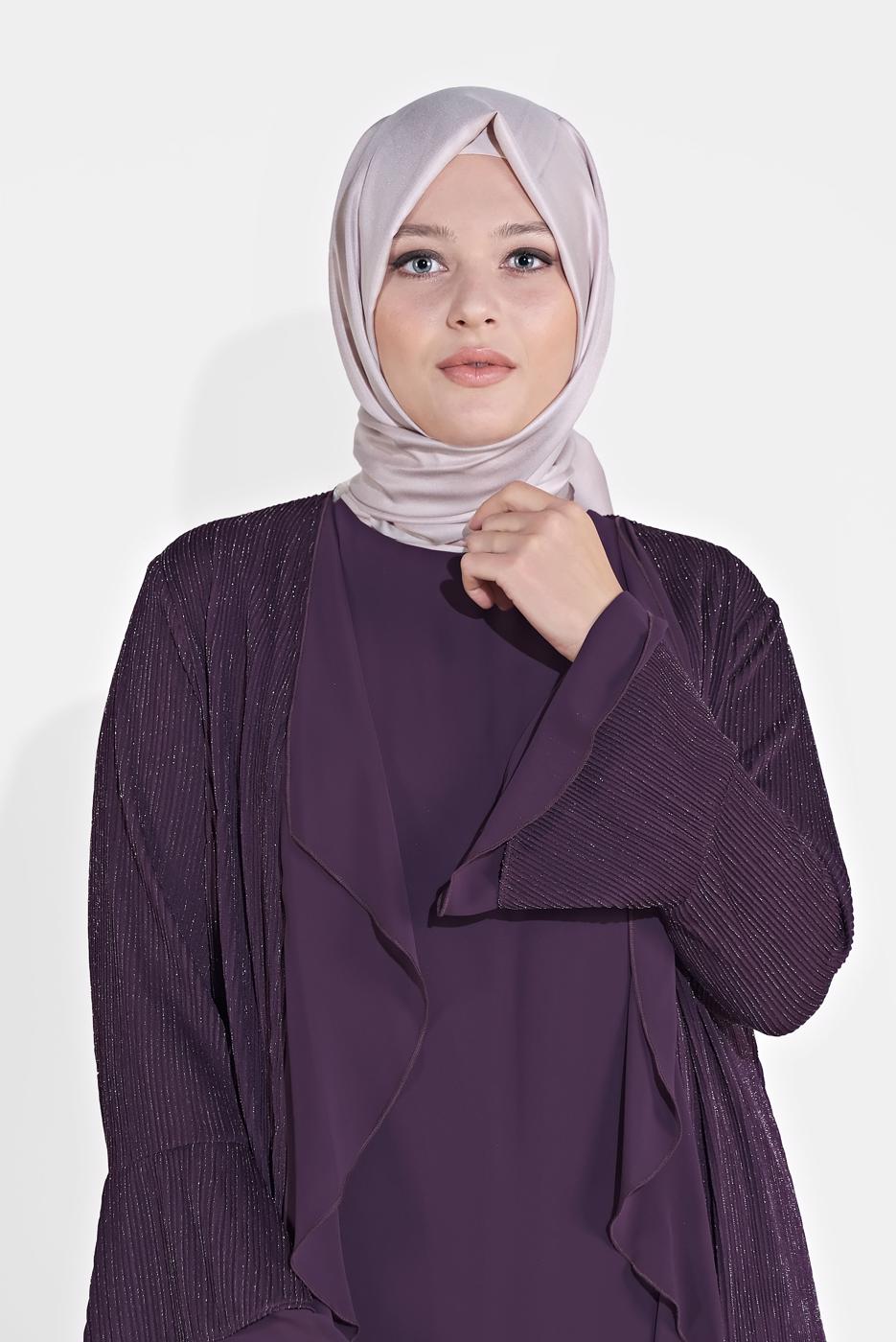 Vêtements hijab POURPRE COSTUME EN BRILLANT À CÔTELÉ 3573