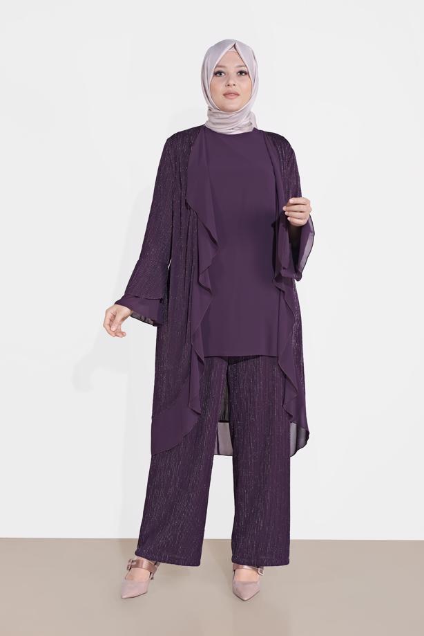 Tesettür giyim MOR FİTİLLİ SİMLİ KUMAŞ MİX 3′LÜ PANTOLONLU TAKIM  3573  - TRENDTESETTÜR