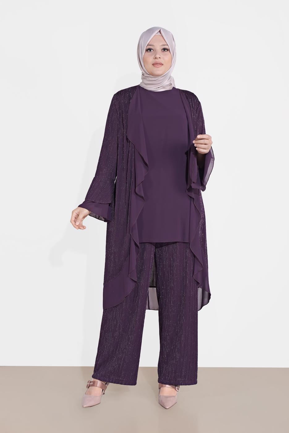 Vêtements hijab POURPRE COSTUME EN BRILLANT À CÔTELÉ 3573