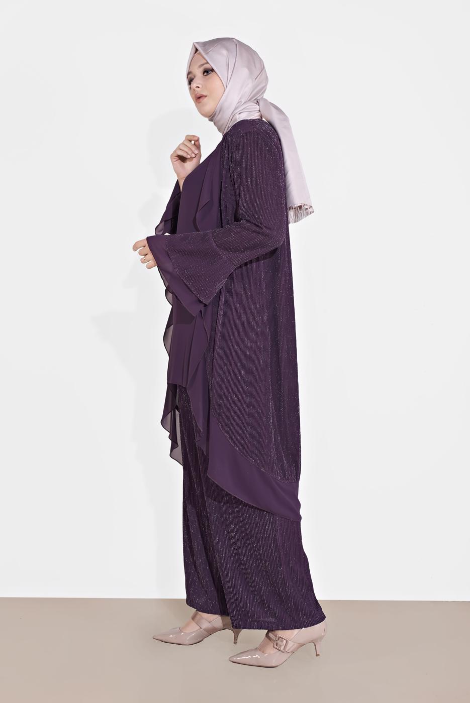 Vêtements hijab POURPRE COSTUME EN BRILLANT À CÔTELÉ 3573