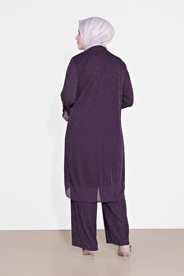Tesettür giyim MOR FİTİLLİ SİMLİ KUMAŞ MİX 3′LÜ PANTOLONLU TAKIM  3573  - TRENDTESETTÜR