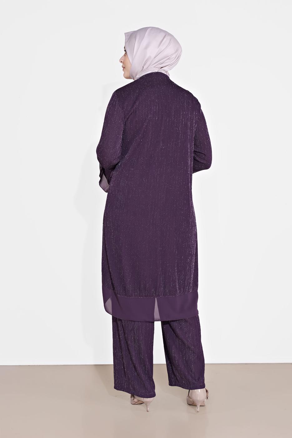 Vêtements hijab POURPRE COSTUME EN BRILLANT À CÔTELÉ 3573