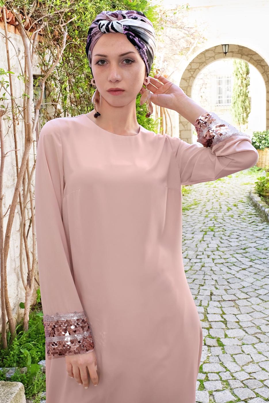 Tesettür giyim PUDRA ALVİNA KOL KISMI PULLU 2&prime;Lİ PANTOLONLU TAKIM 3574