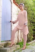 Tesettür giyim PUDRA ALVİNA KOL KISMI PULLU 2&prime;Lİ PANTOLONLU TAKIM 3574