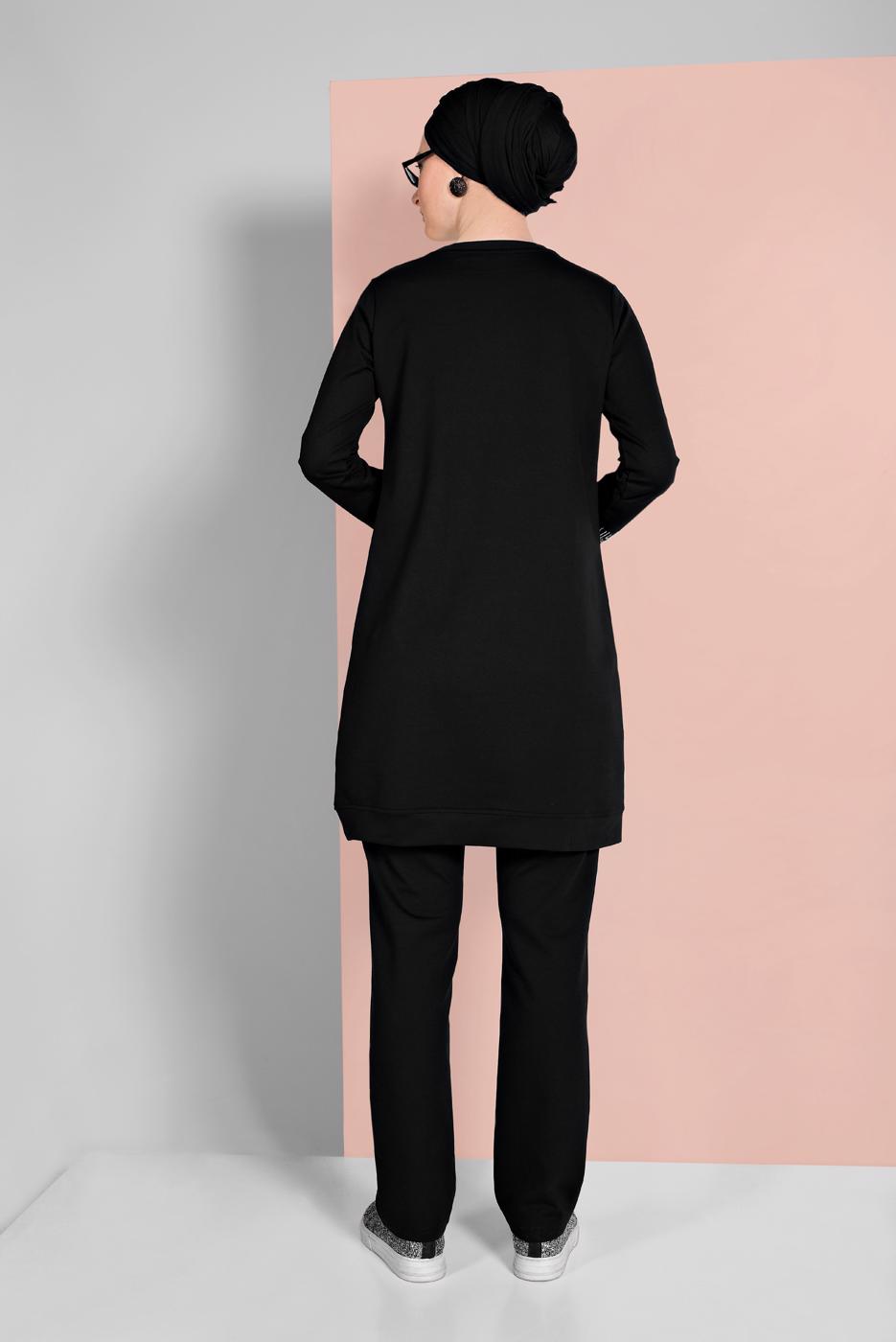 Tesettür giyim SİYAH PAMUKLU TAŞ DETAYLI EŞOFMAN TAKIMI 3719