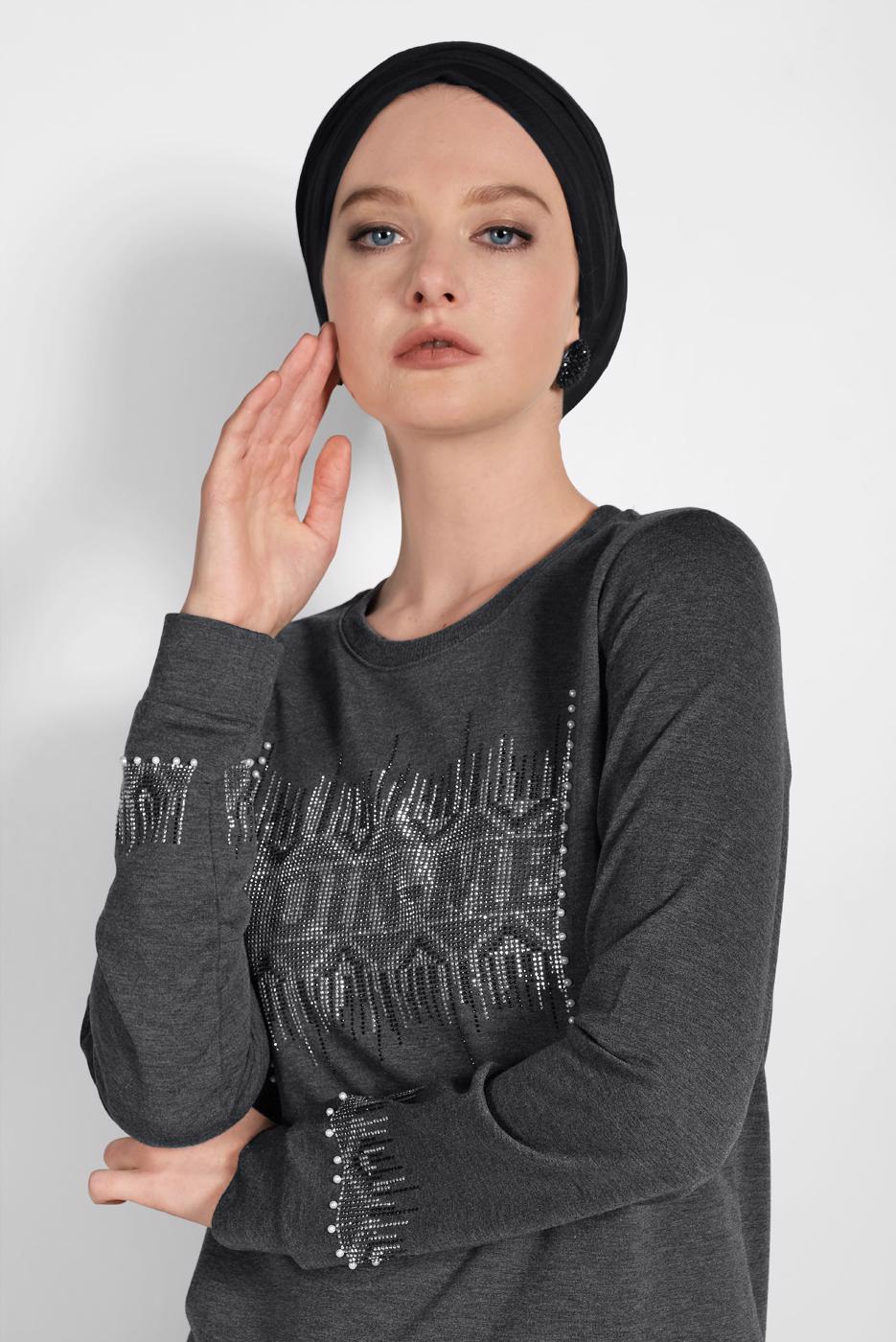 Tesettür giyim GRİ PAMUKLU TAŞ DETAYLI EŞOFMAN TAKIMI 3719