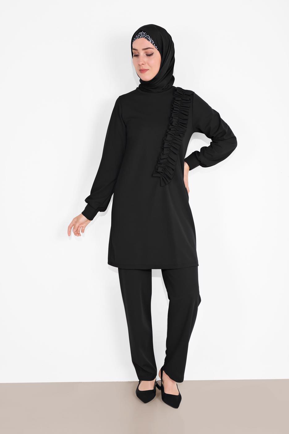 Tesettür giyim SİYAH FIRFIR DETAYLI BİSİKLET YAKA  PANTOLONLU TAKIM 4026 