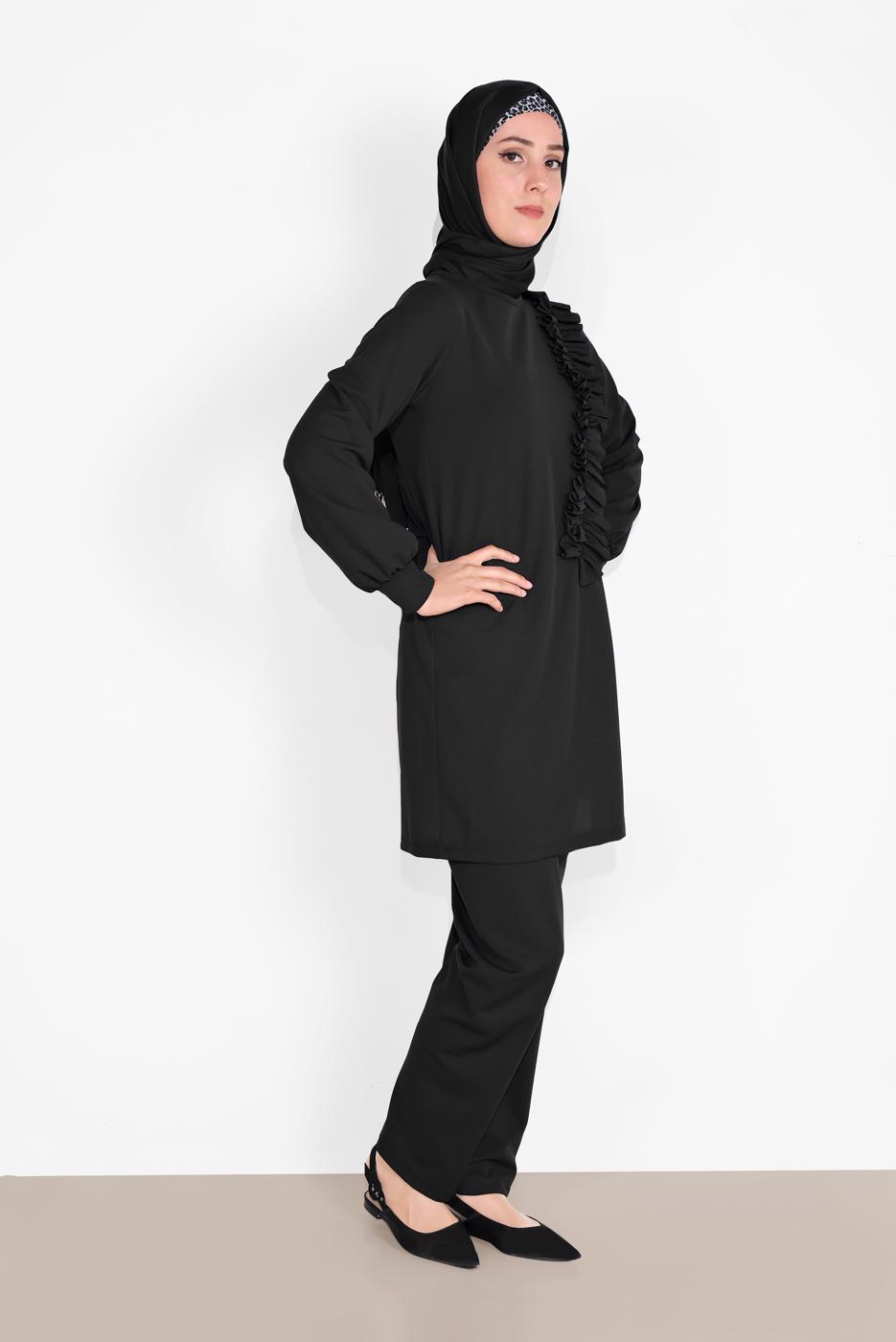 Tesettür giyim SİYAH FIRFIR DETAYLI BİSİKLET YAKA  PANTOLONLU TAKIM 4026 