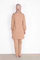 Tesettür giyim BEJ FIRFIR DETAYLI BİSİKLET YAKA  PANTOLONLU TAKIM 4026 